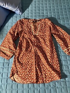 Floral Boho Tunic Dress in Rust and Cream